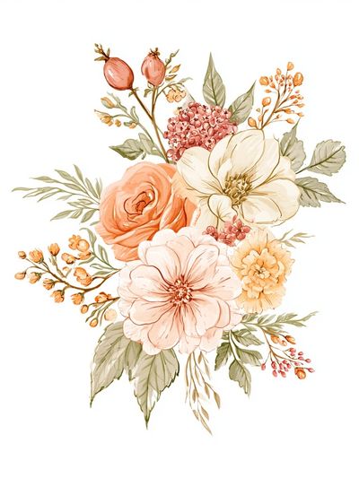 Peach Floral Bouquet Watercolor Print.