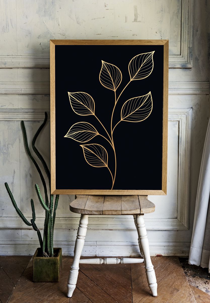 Golden Leaf Line Art Print. room preview