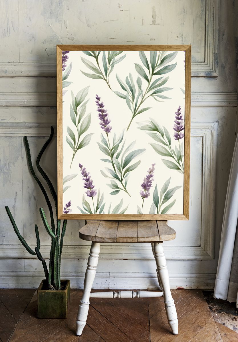 Lavender Eucalyptus Watercolor Print. room preview