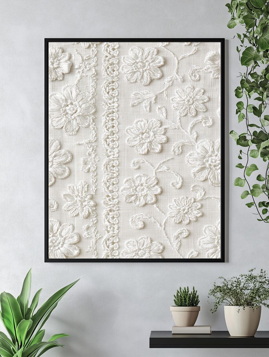 Cream Embroidered Floral Texture Print. — room view 4
