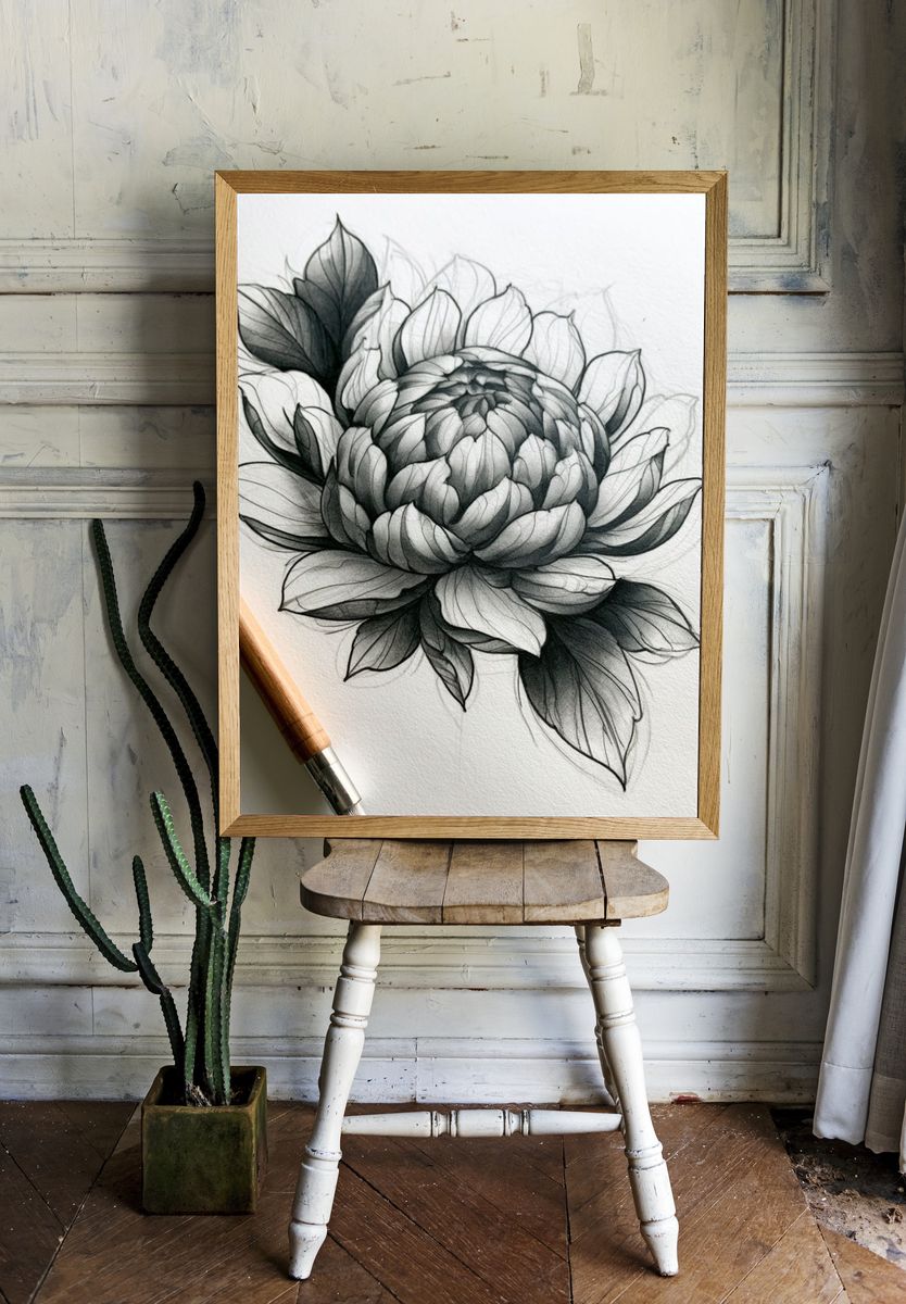Monochrome Peony Sketch Poster. room preview