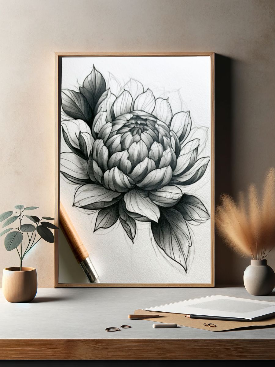 Monochrome Peony Sketch Poster. — room view 2