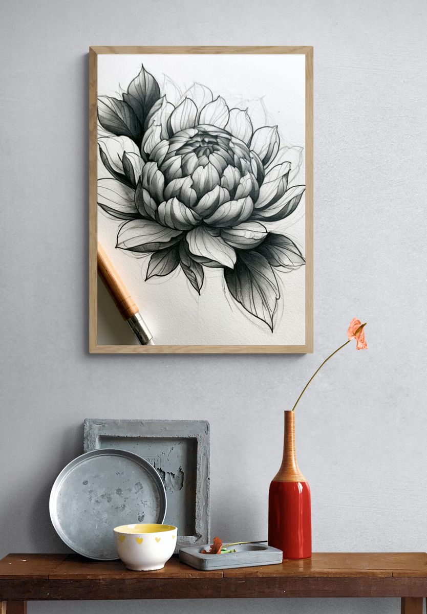Monochrome Peony Sketch Poster. — room view 3