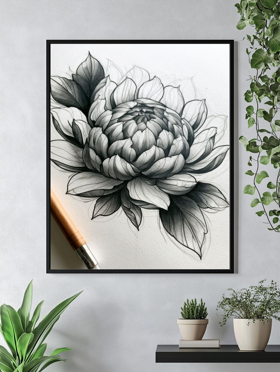 Monochrome Peony Sketch Poster. — room view 4