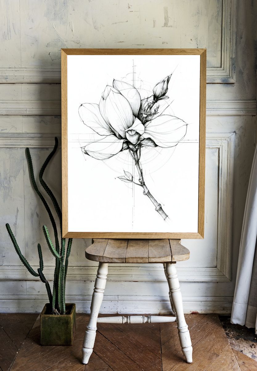 Botanical Magnolia Line Art Poster. — room view 1