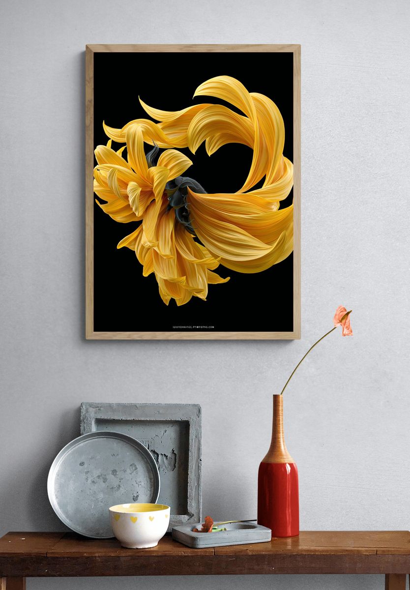 Golden Sunflower Bloom Print. — room view 3