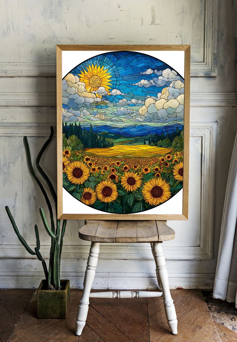 Sunflower Meadow Stained Glass Poster. — room view 1
