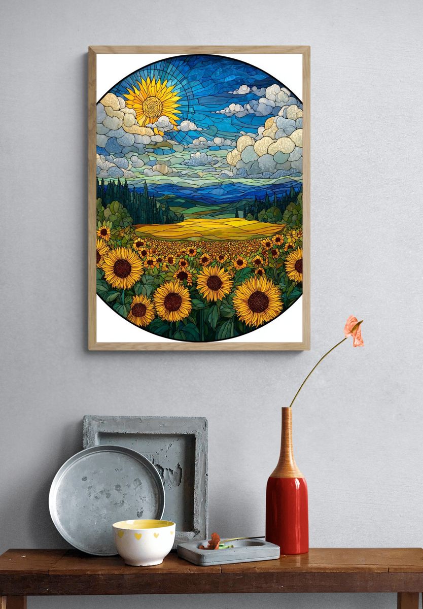 Sunflower Meadow Stained Glass Poster. — room view 3