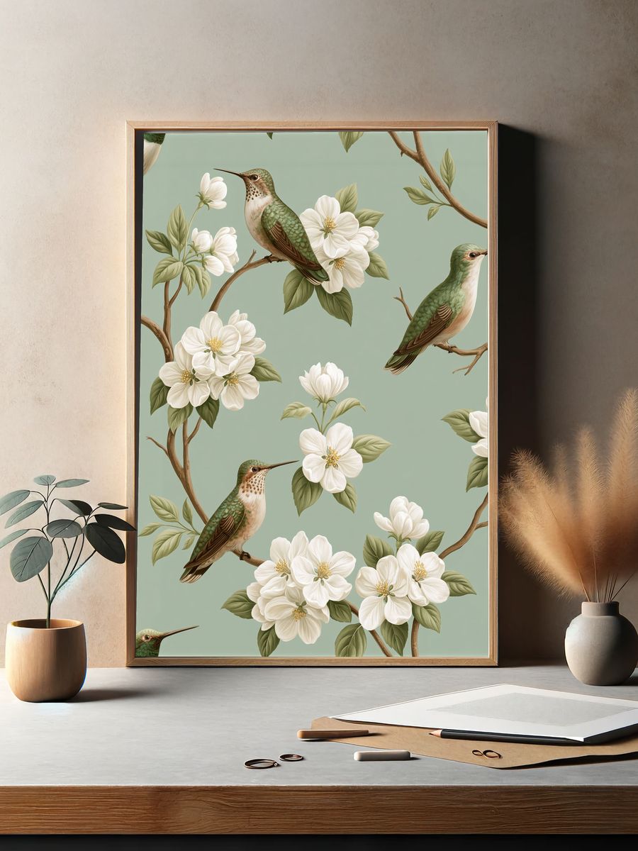 Hummingbird Blossom Pattern Print. — room view 2