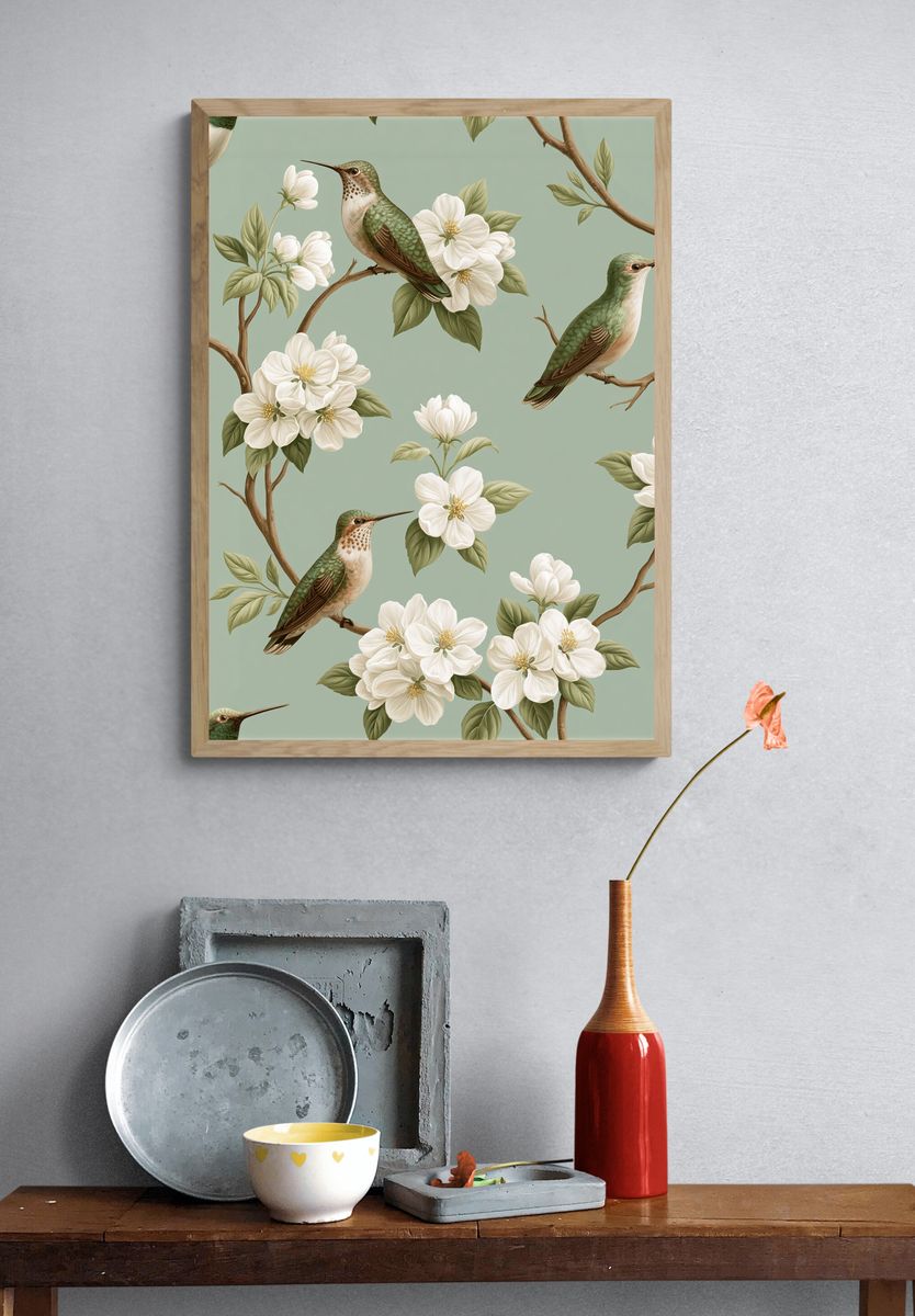Hummingbird Blossom Pattern Print. — room view 3