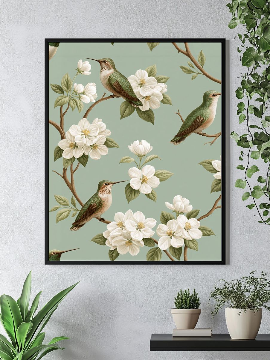 Hummingbird Blossom Pattern Print. — room view 4