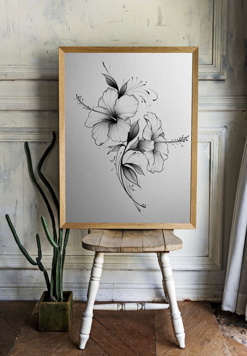 Hibiscus Ink Floral Poster. — room view 1