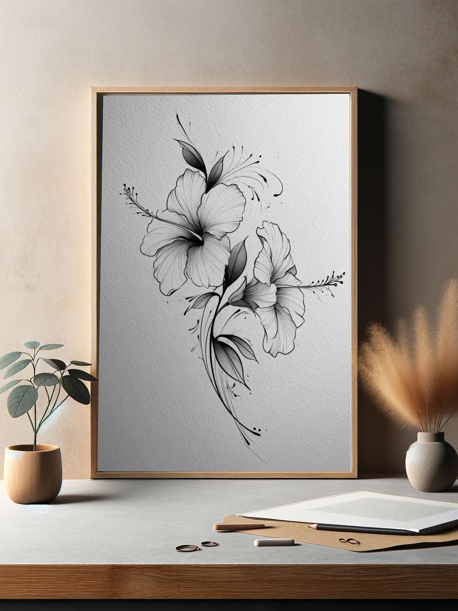 Hibiscus Ink Floral Poster. — room view 2