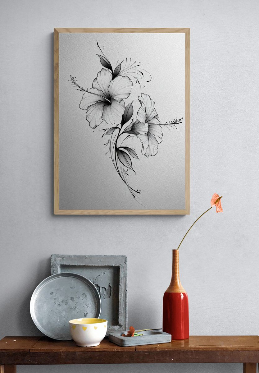 Hibiscus Ink Floral Poster. — room view 3