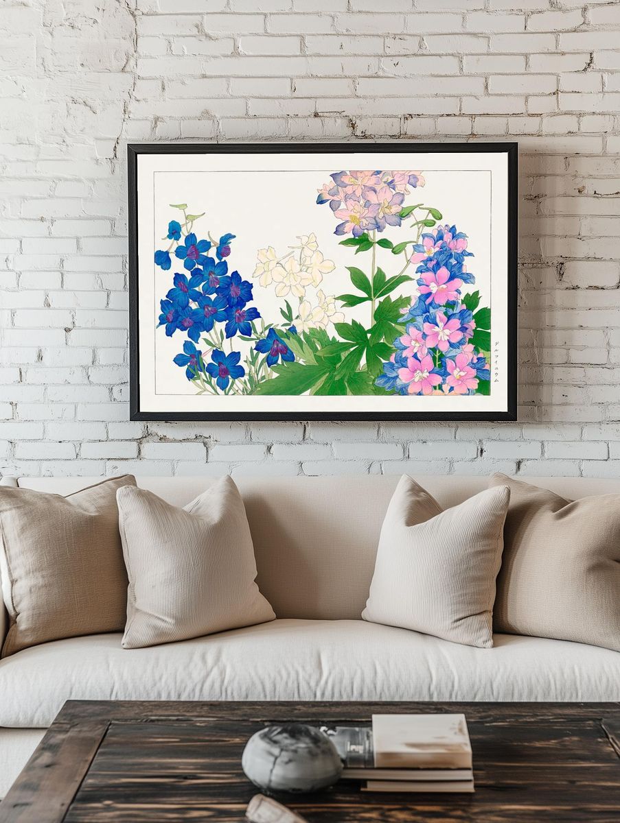 Delphinium flower, Japanese woodblock art. room preview