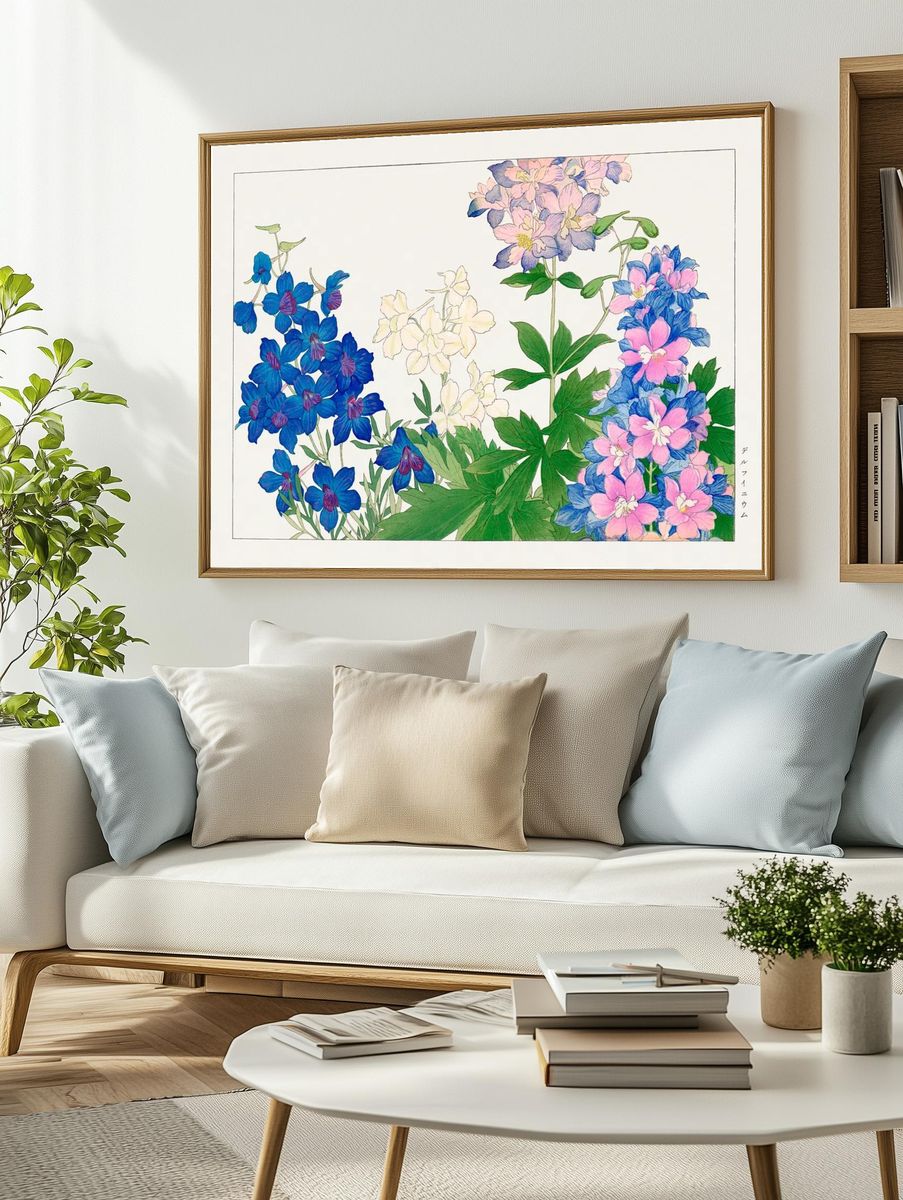Delphinium flower, Japanese woodblock art. — room view 2