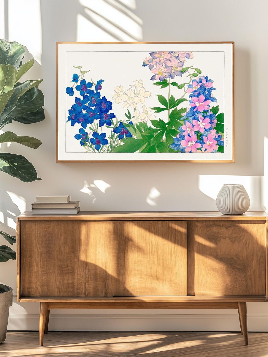 Delphinium flower, Japanese woodblock art. — room view 3
