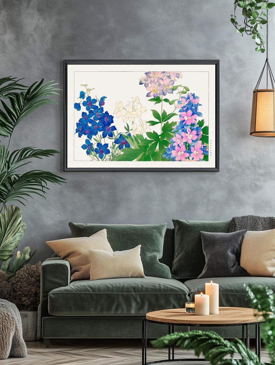 Delphinium flower, Japanese woodblock art. — room view 4