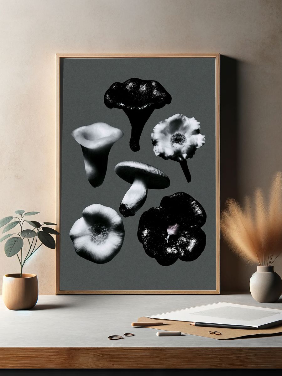 Monochrome Mushroom Study Poster. — room view 2