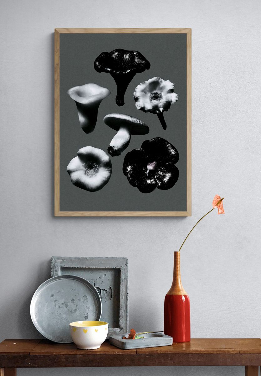Monochrome Mushroom Study Poster. — room view 3