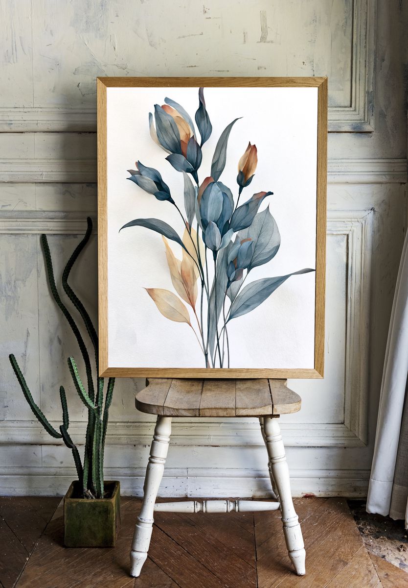 Blue Botanical Leaves Print. — room view 1
