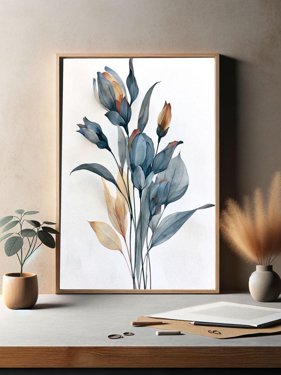 Blue Botanical Leaves Print. — room view 2