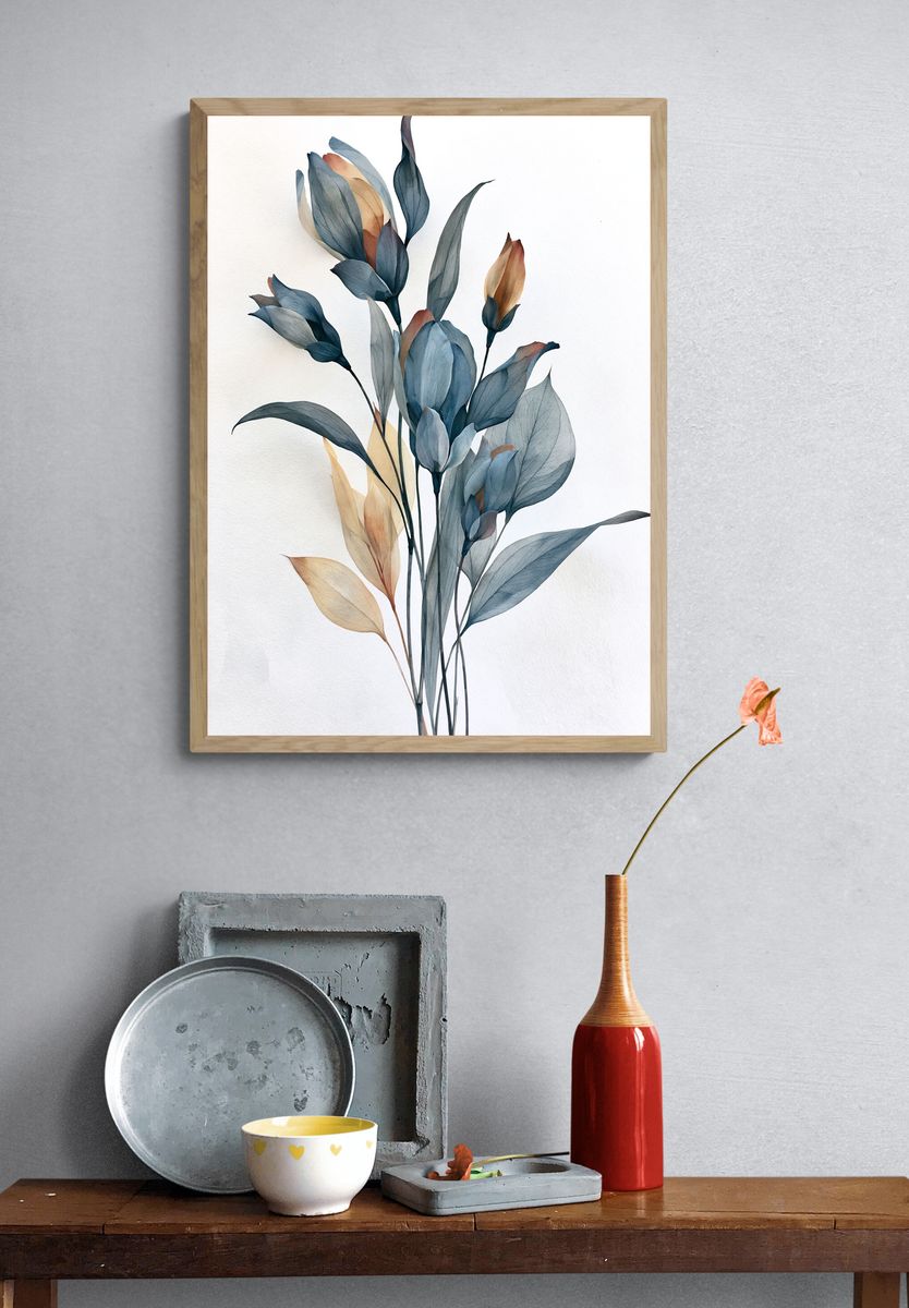 Blue Botanical Leaves Print. — room view 3