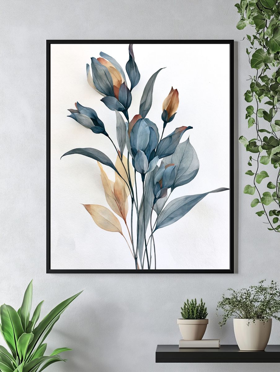 Blue Botanical Leaves Print. — room view 4