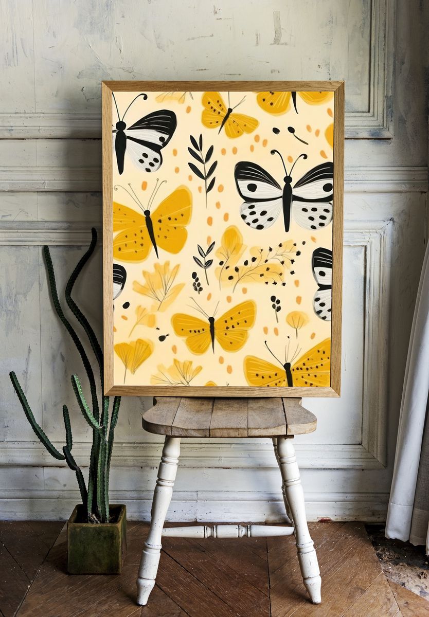 Yellow Butterfly Pattern Illustration Poster. room preview