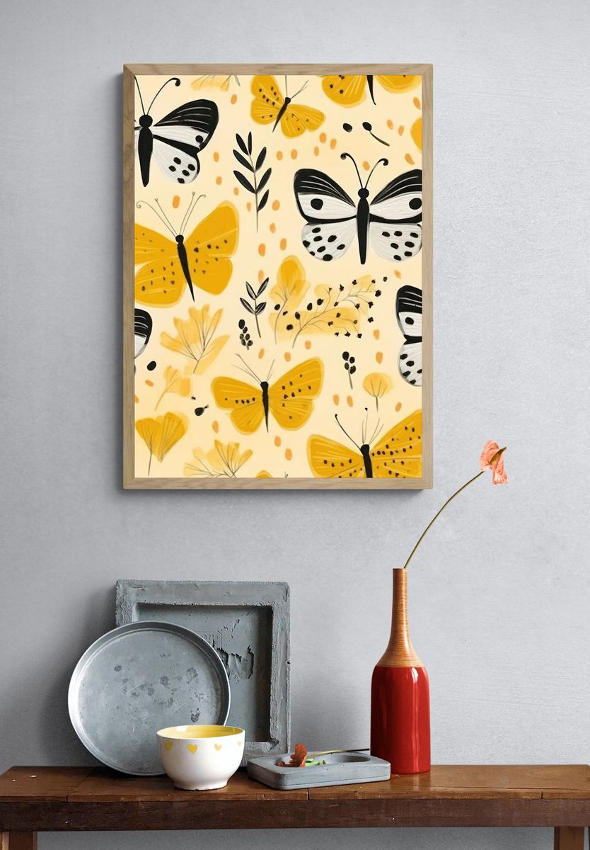 Yellow Butterfly Pattern Illustration Poster. — room view 3