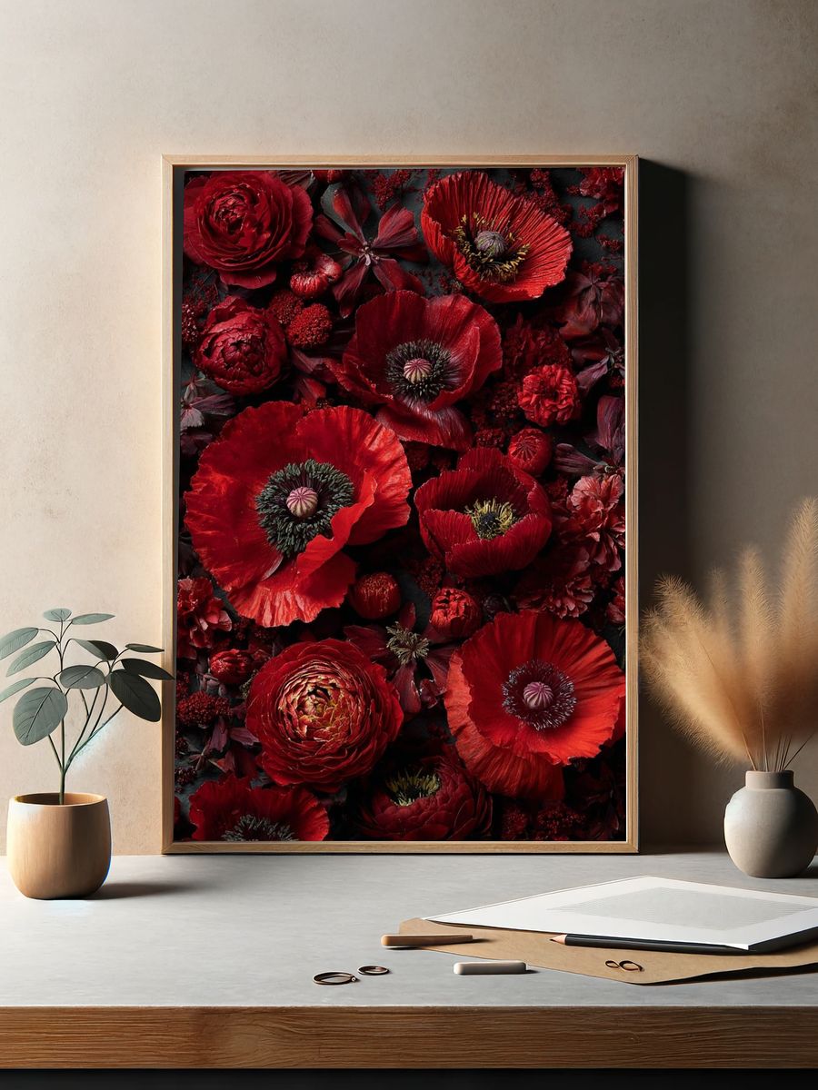 Crimson Poppy Blooms Botanical Print. — room view 2