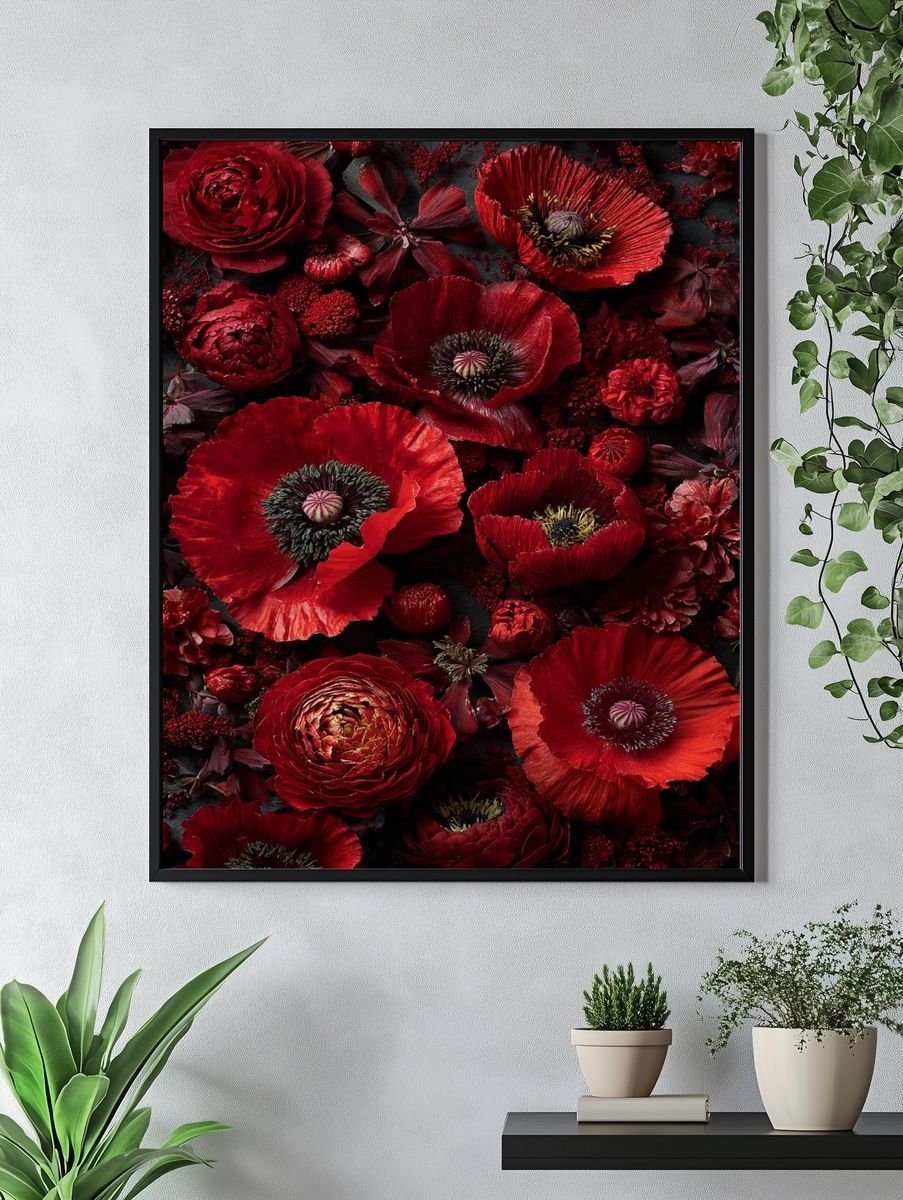 Crimson Poppy Blooms Botanical Print. — room view 4