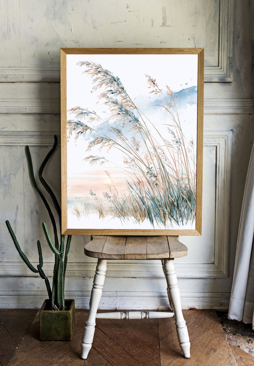Coastal Reeds Watercolor Print. room preview