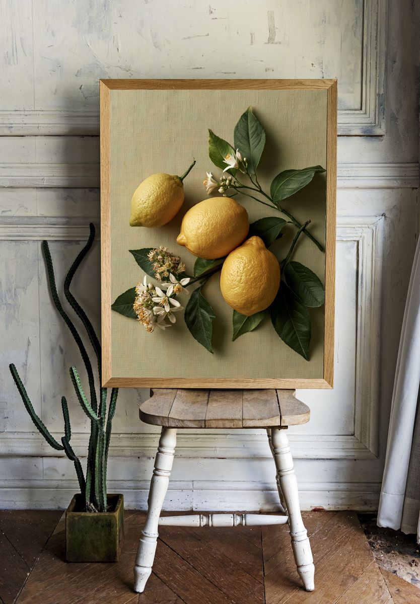 Lemons and Blossoms Botanical Print. room preview