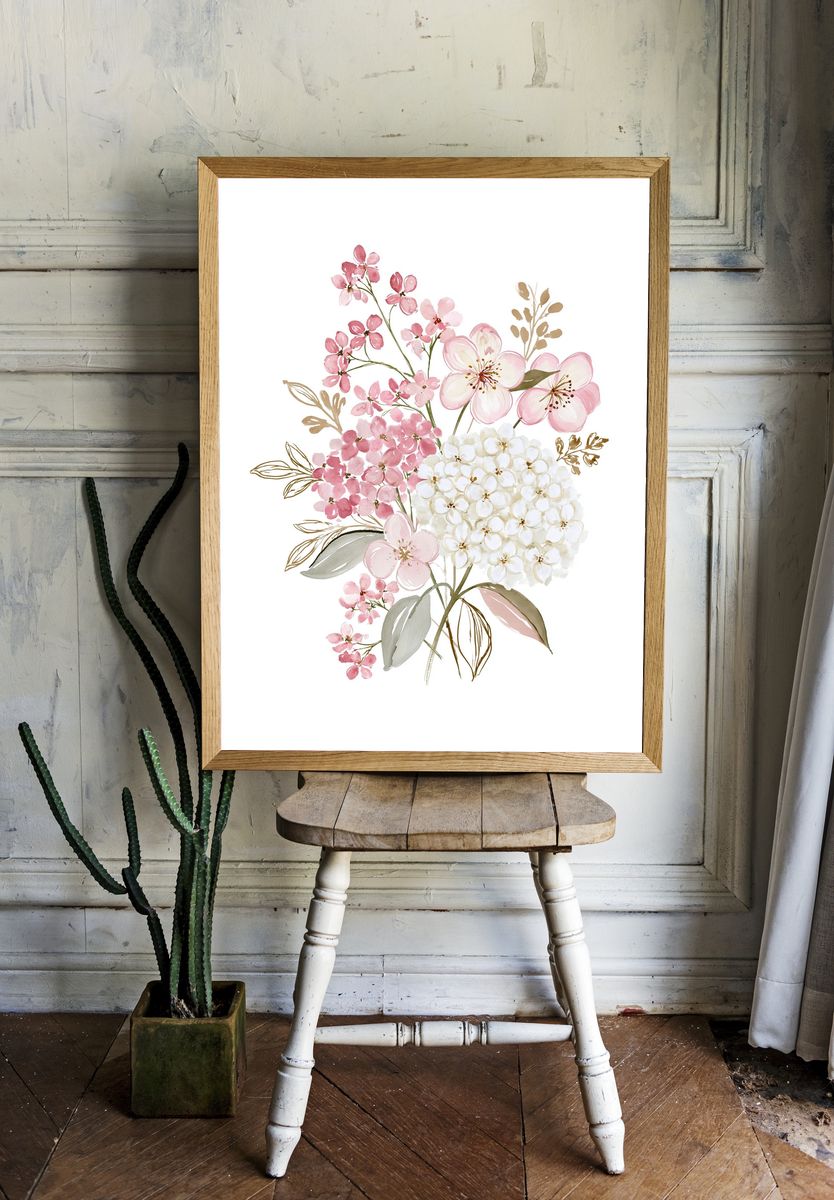 Pink Blossom Bouquet Watercolor Poster. — room view 1