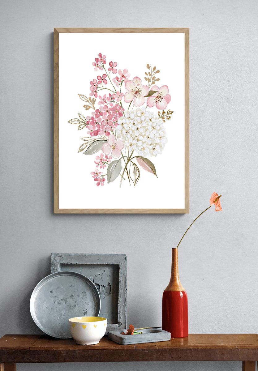 Pink Blossom Bouquet Watercolor Poster. — room view 3