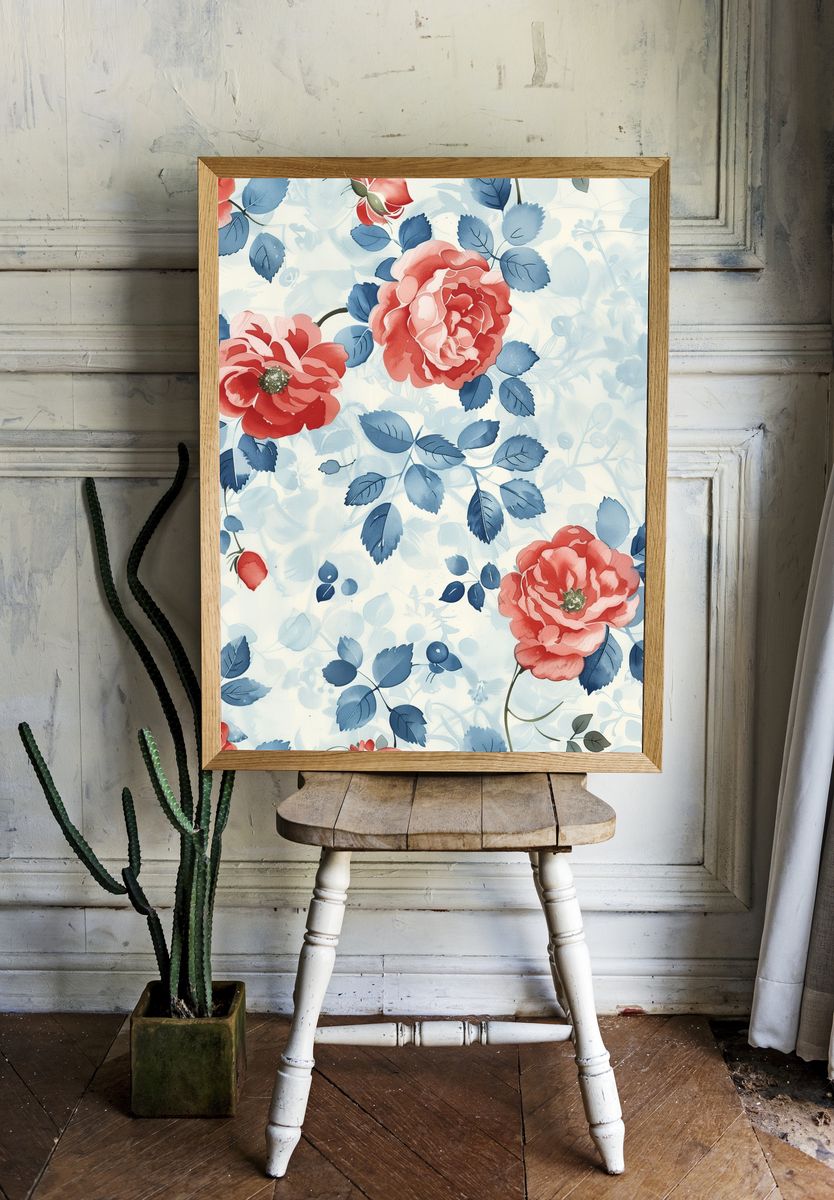 Blue Floral Roses Watercolor Poster. room preview
