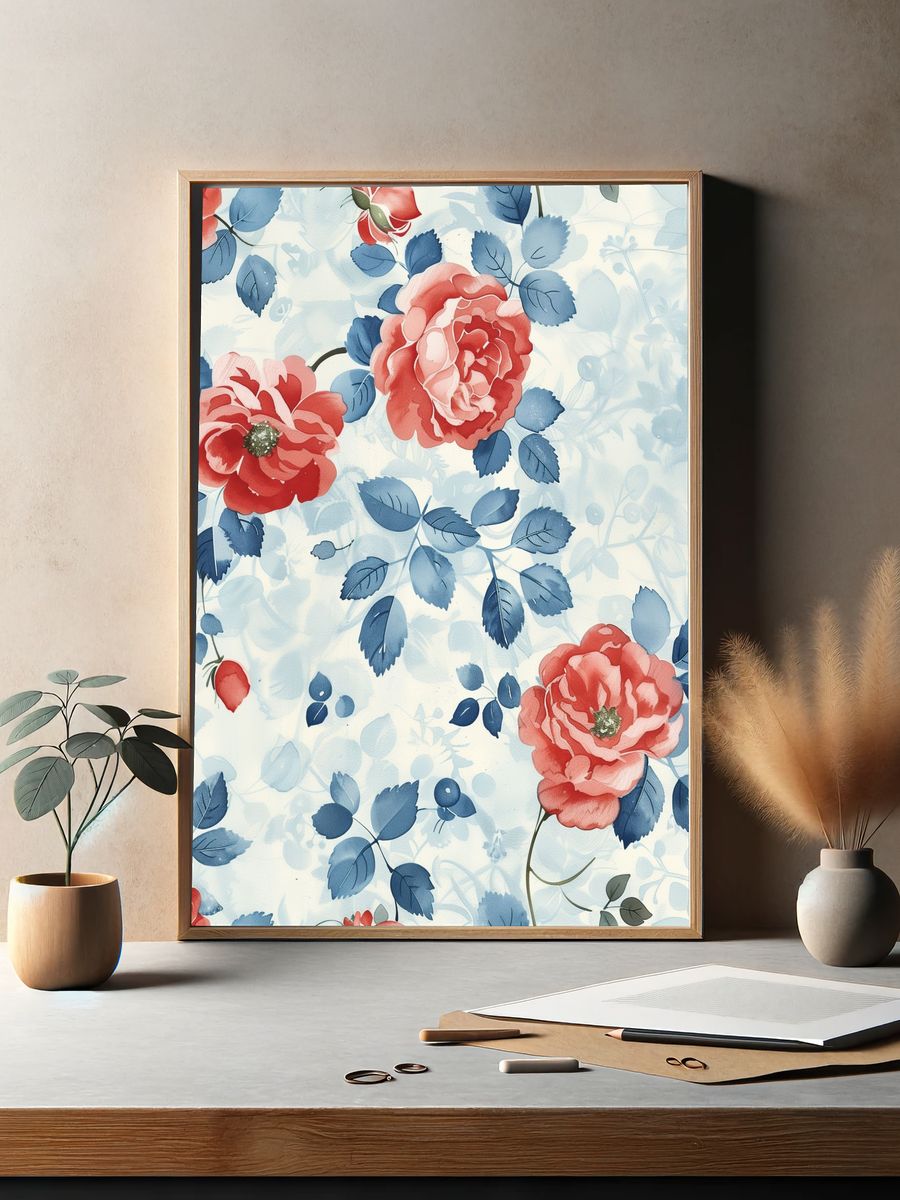 Blue Floral Roses Watercolor Poster. — room view 2
