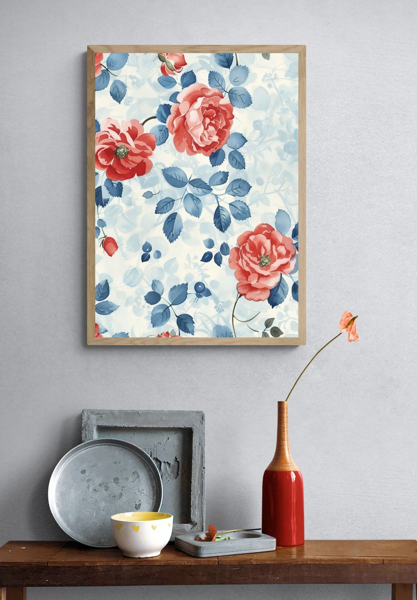 Blue Floral Roses Watercolor Poster. — room view 3