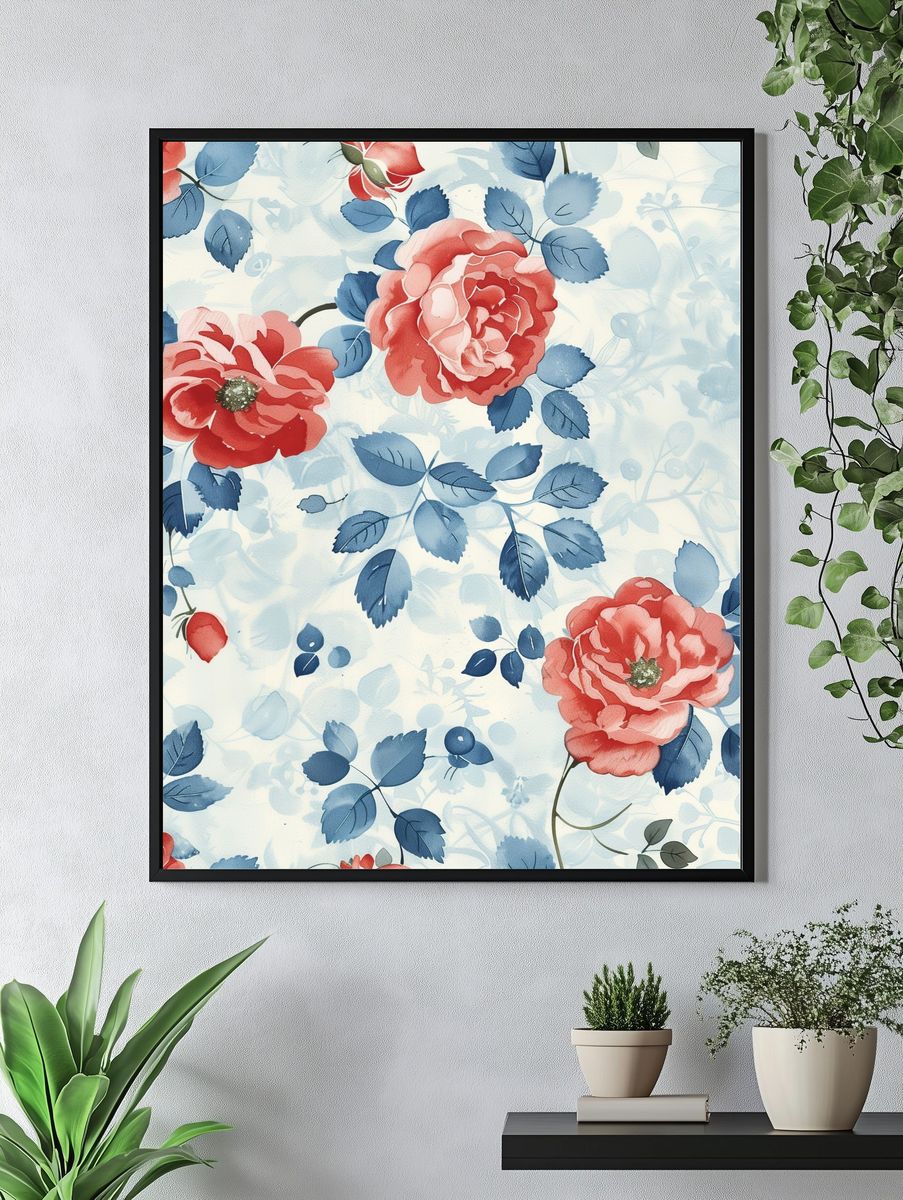 Blue Floral Roses Watercolor Poster. — room view 4