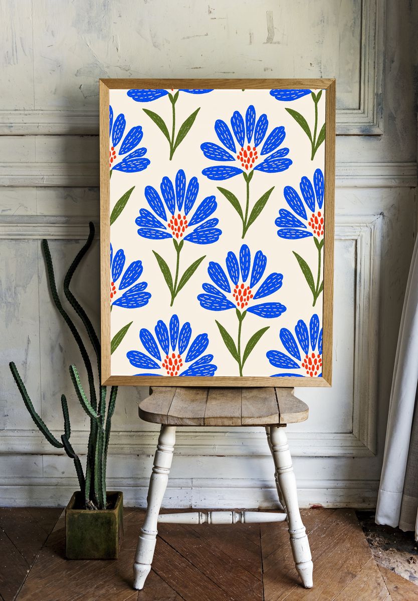Blue Floral Pattern Print. room preview