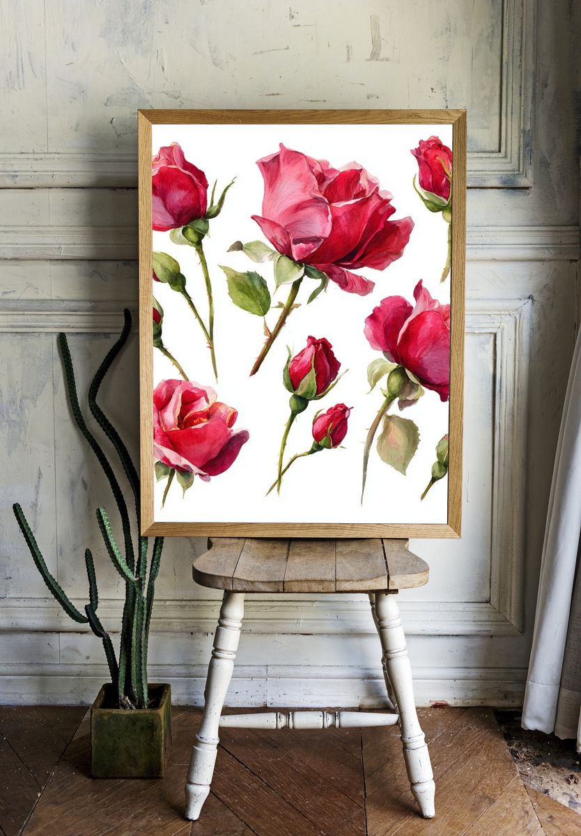 Pink Rose Bouquet Watercolor Print. room preview