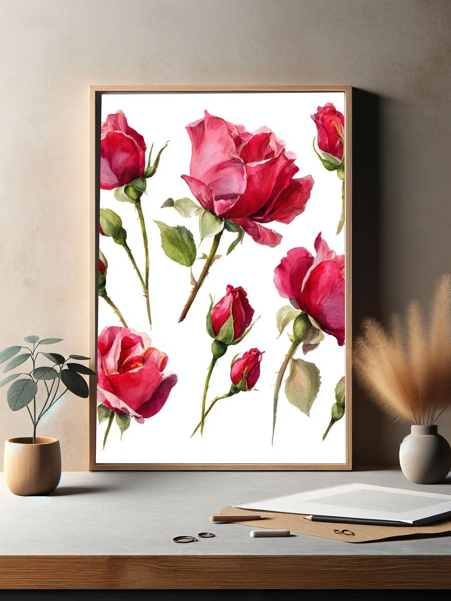 Pink Rose Bouquet Watercolor Print. — room view 2