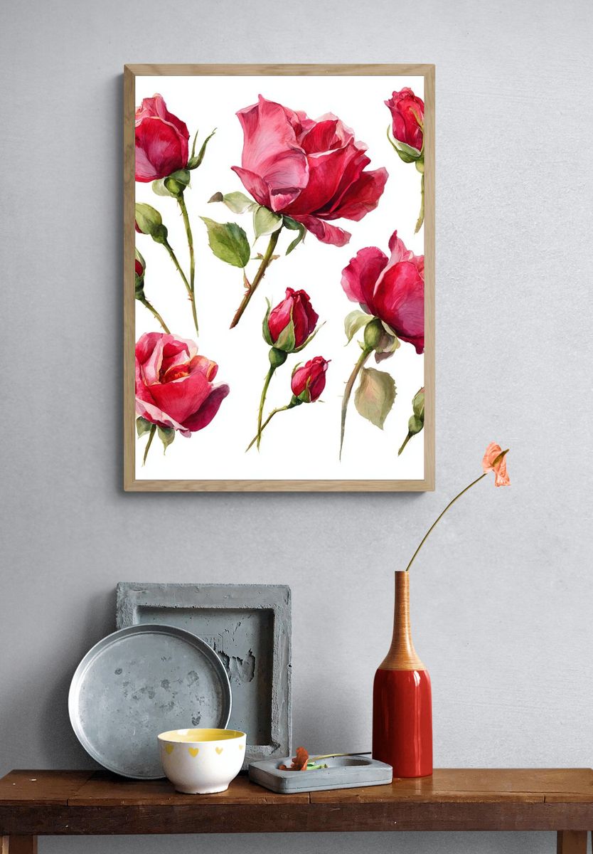 Pink Rose Bouquet Watercolor Print. — room view 3