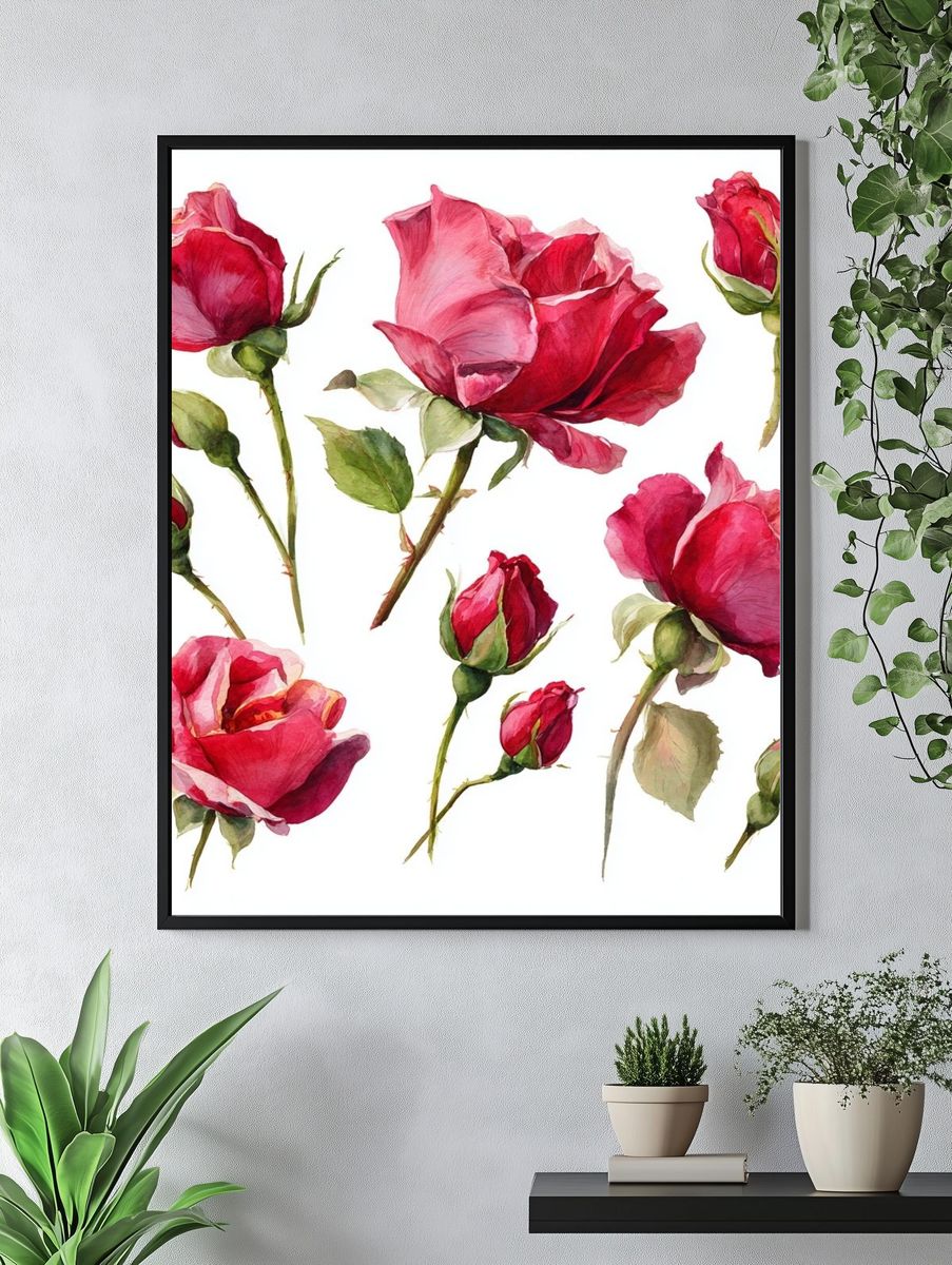 Pink Rose Bouquet Watercolor Print. — room view 4