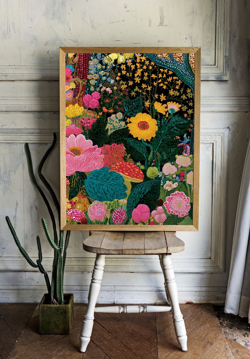 Tropical Floral Garden Illustration Poster. — room view 1