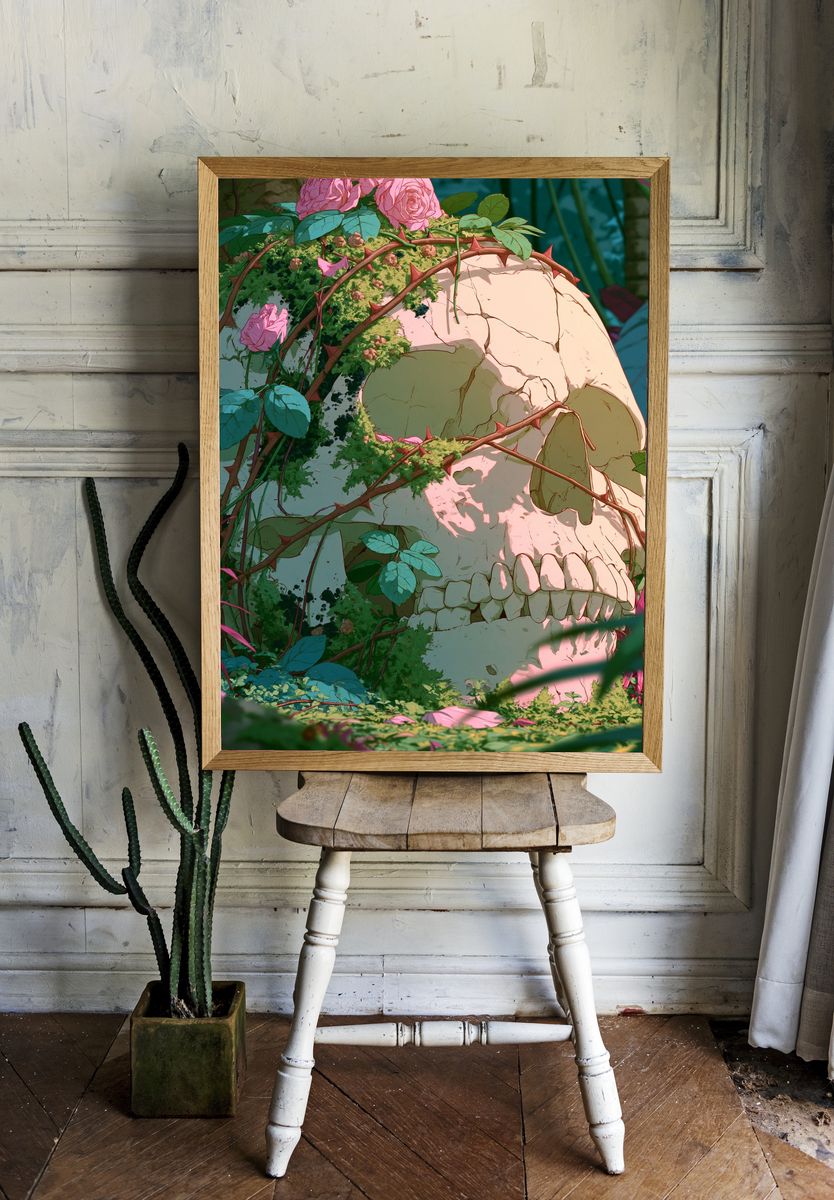 Rose-Covered Skull Illustration Poster. room preview