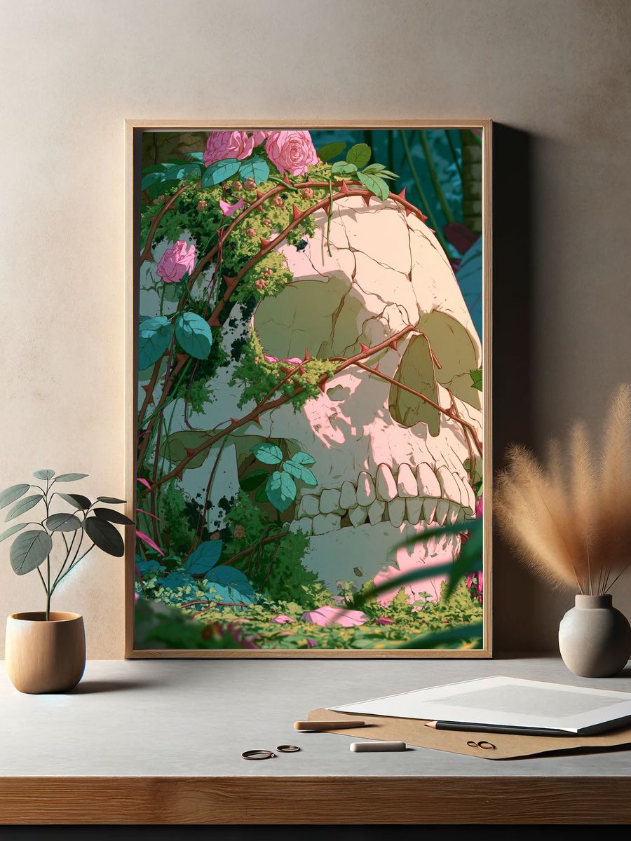 Rose-Covered Skull Illustration Poster. — room view 2