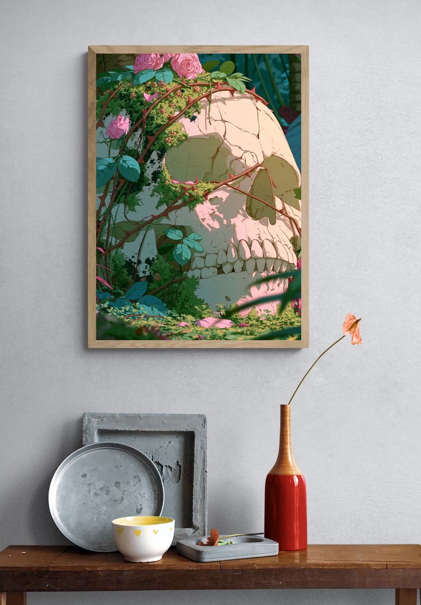 Rose-Covered Skull Illustration Poster. — room view 3