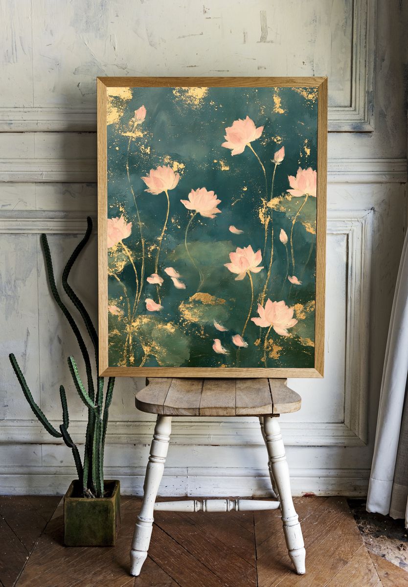 Lotus Bloom Botanical Print. room preview